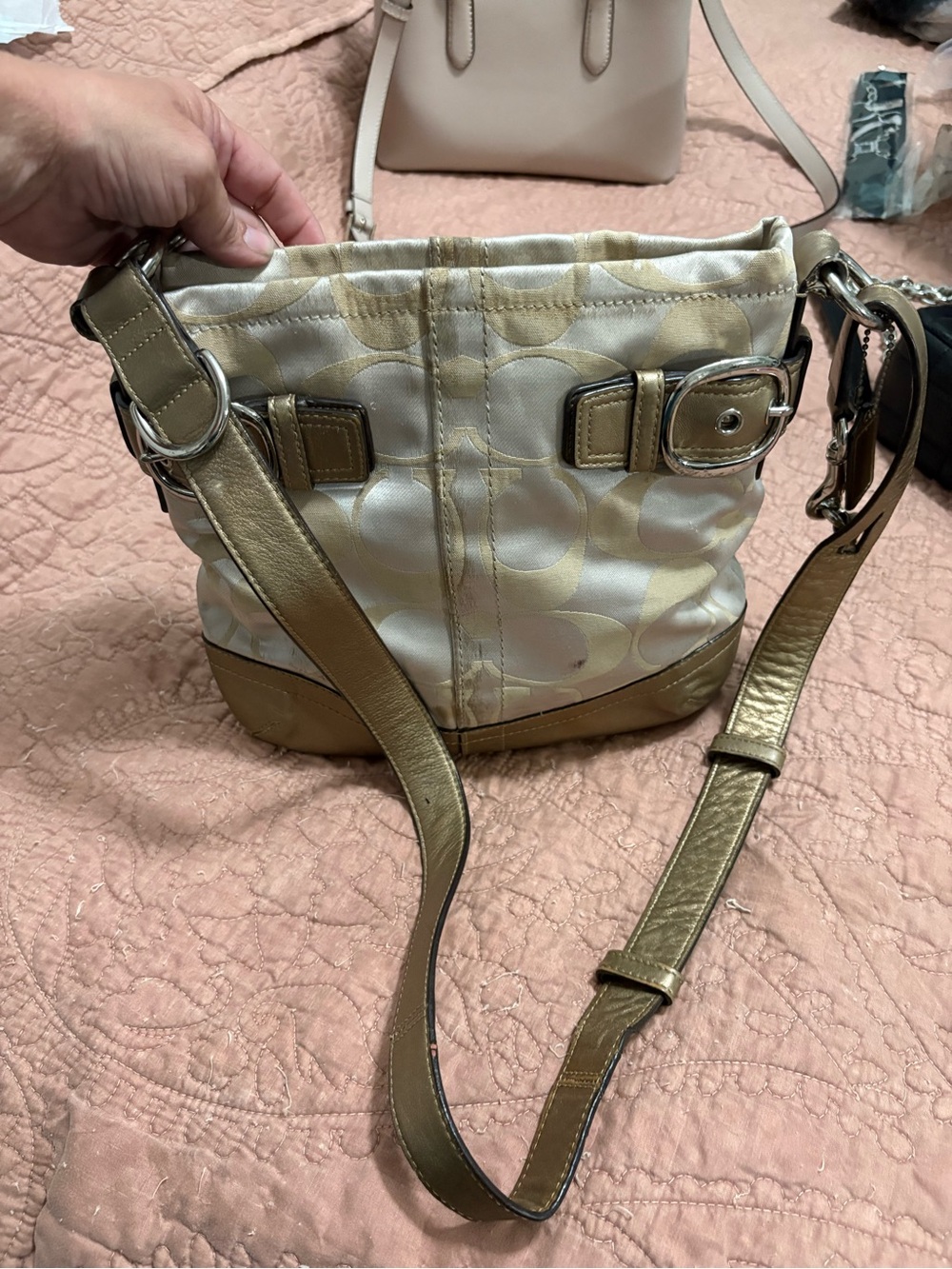 Coach women’s Gold and Cream Signature-Pattern Shoulder Bag
